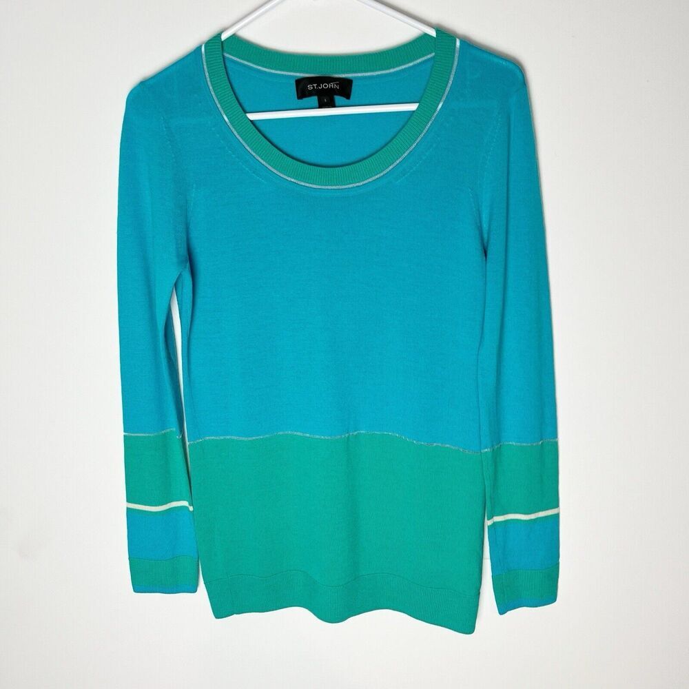 St. John Blue Green Wool Sweater Crew Neck Lightweight Small Color Block​